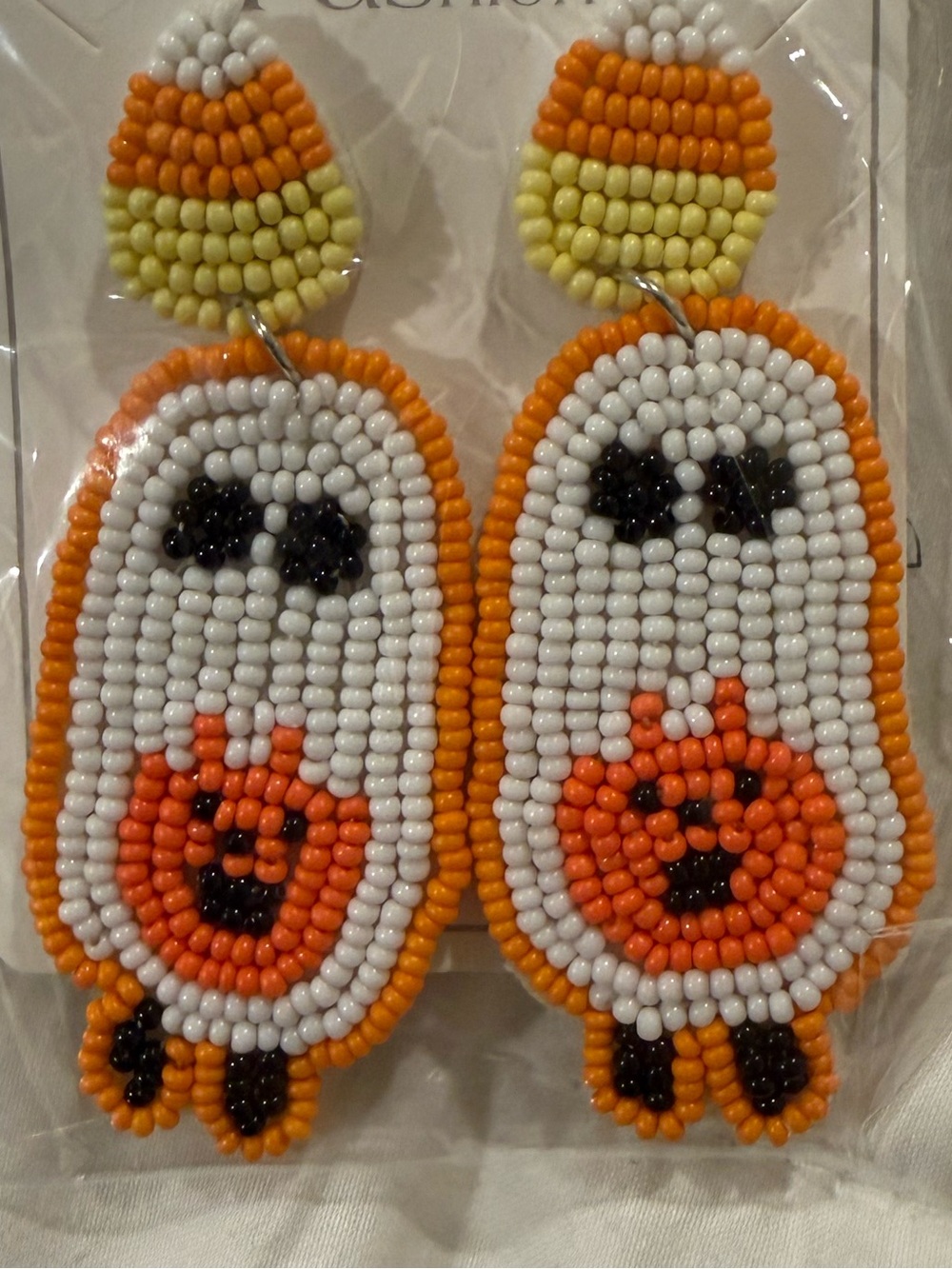 Beaded Ghost Earrings with Pumpkin Detail - Orange & White